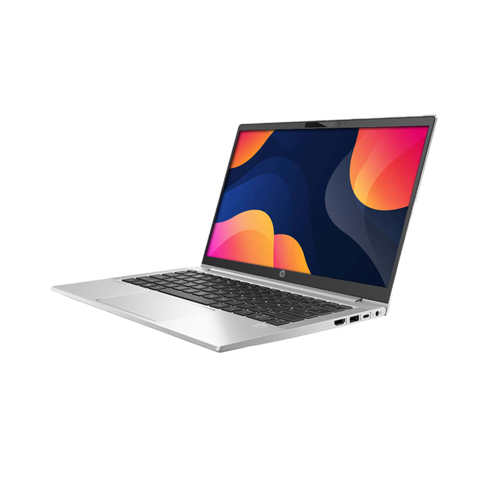 HP ProBook 430 G8 laptop tilted left showing screen, keyboard, and right side ports