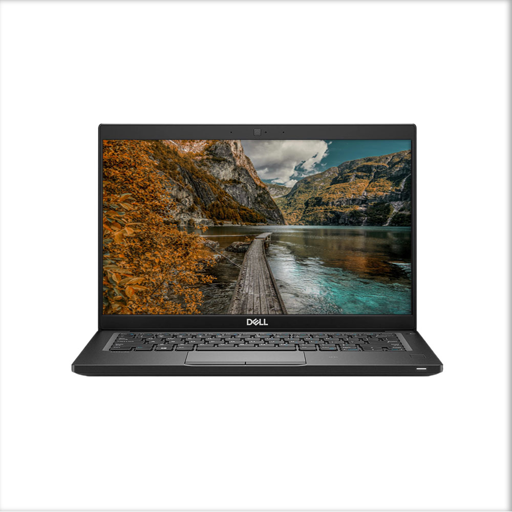 Dell Latitude 7390 laptop open and front-facing, showcasing 13.3-inch screen, UK QWERTY backlit keyboard, and compact black design.