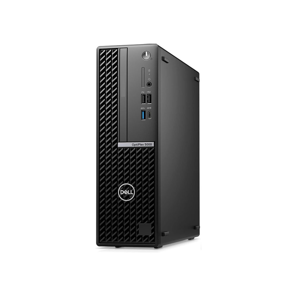 Dell OptiPlex 5000 SFF front angled left view showing small form factor chassis and side panel