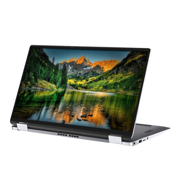 Dell Latitude 7400 2-in-1 flipped standing on keyboard showing screen and hinges
