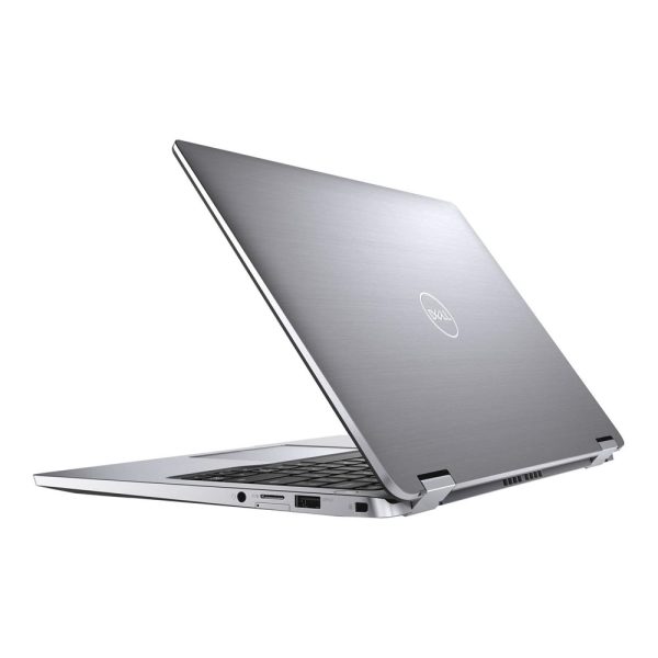 Dell Latitude 7400 2-in-1 slightly closed tilted left showing back panel ports and keyboard