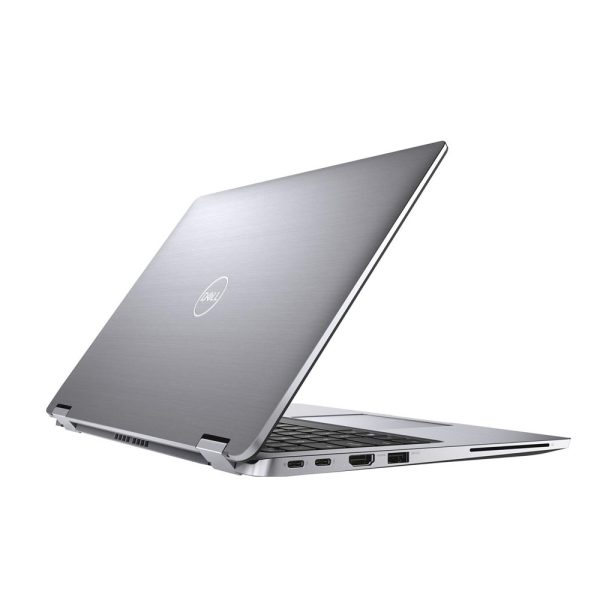 Dell Latitude 7400 2-in-1 slightly closed tilted right showing back panel ports and keyboard